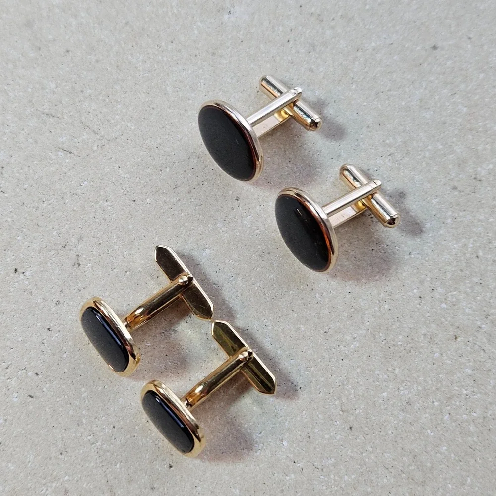 Vtg Gold‎ Tone Black Enamel Cufflinks Set Round and Square Toggle Back 2 Pairs